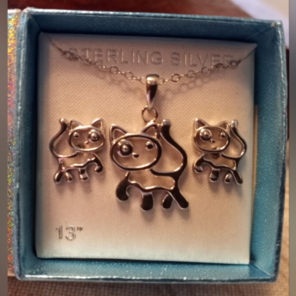 Sterling Silver "Simply Silver Kids" Cat Necklace And Earring Set